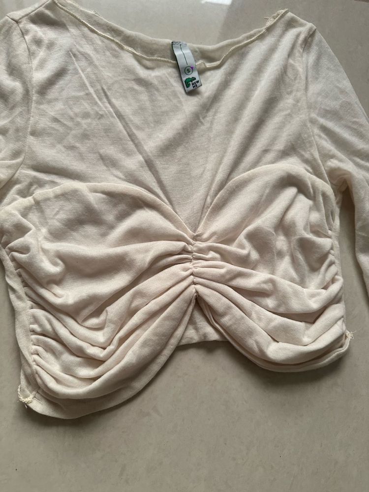 Ruched Cream Long Sleeve Top
