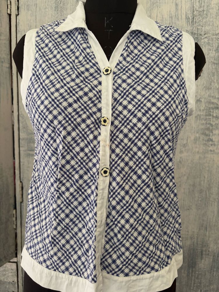 Blue &amp; White Plaid Sleeveless Top