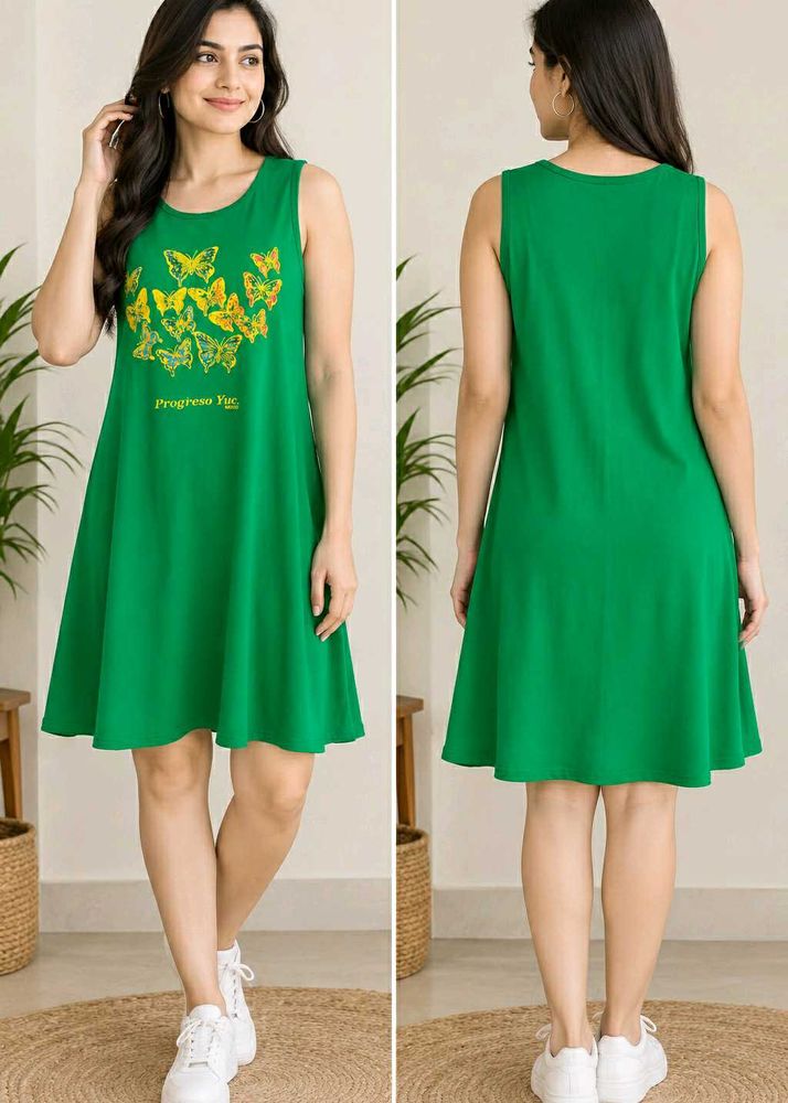 Green Sleeveless Dress with Butterfly Print