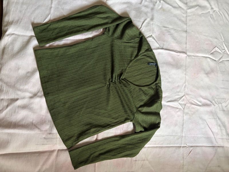 Olive Green V- Neck Ribbed Top | Full Slee