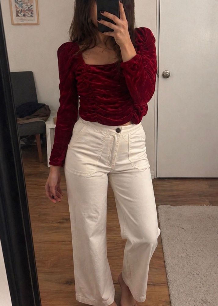 Combo (Red Off shoulder top with wide leg denims)