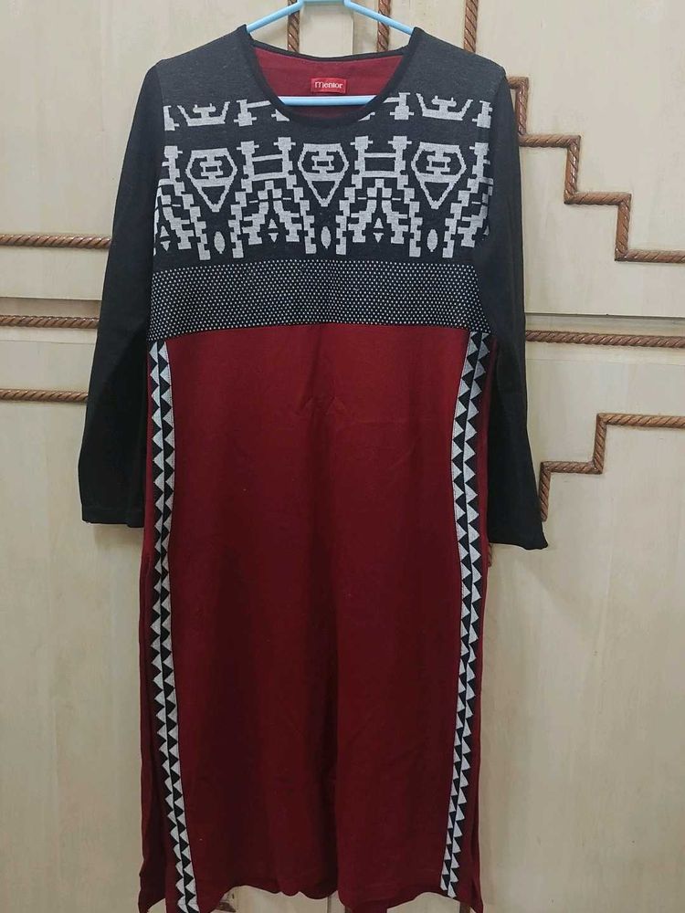 Stylish Maroon &amp; Grey Kurta with Geometric Print
