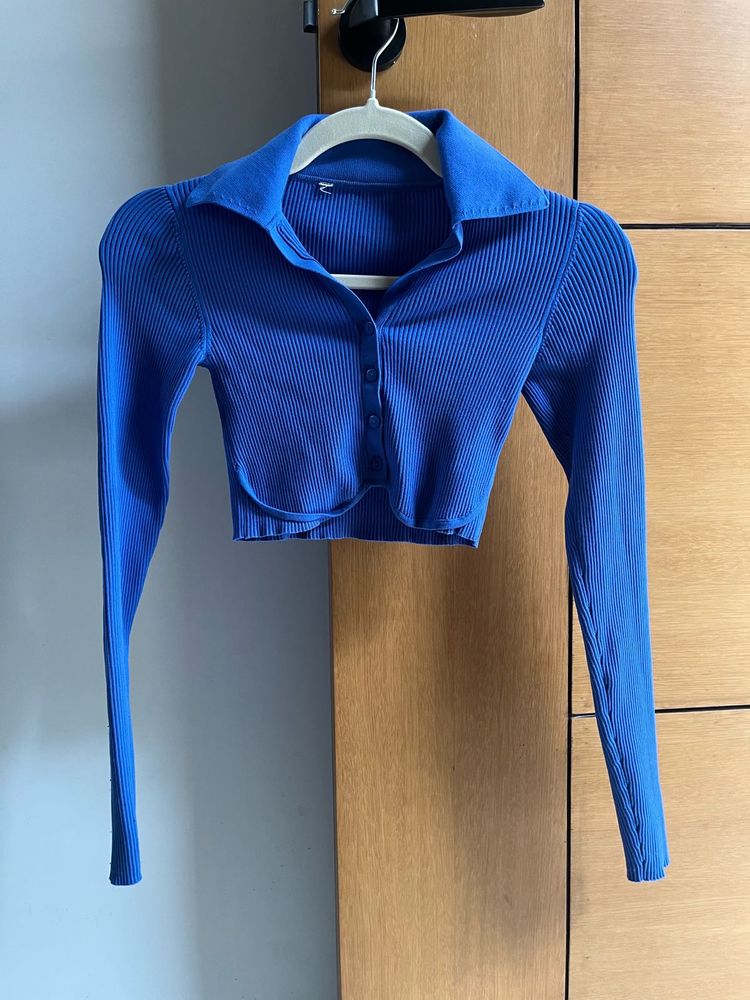 Ribbed Blue Cropped Collared Shirt