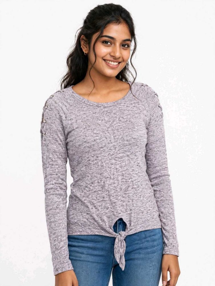 *Grey Melange Front Knot Long Sleeve Top with Shou