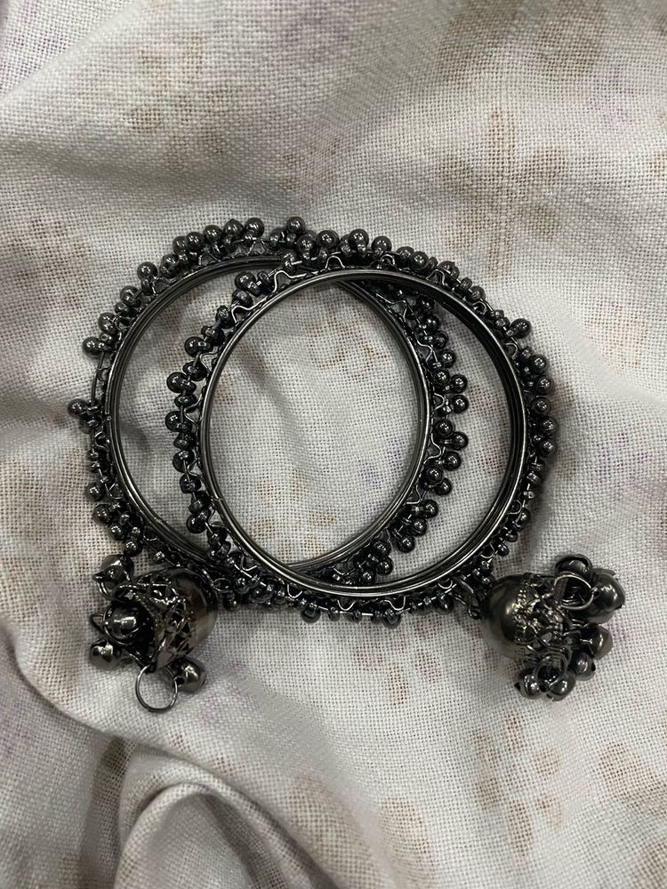 Oxidised Silver Bangles with Dangling Jhumkas..