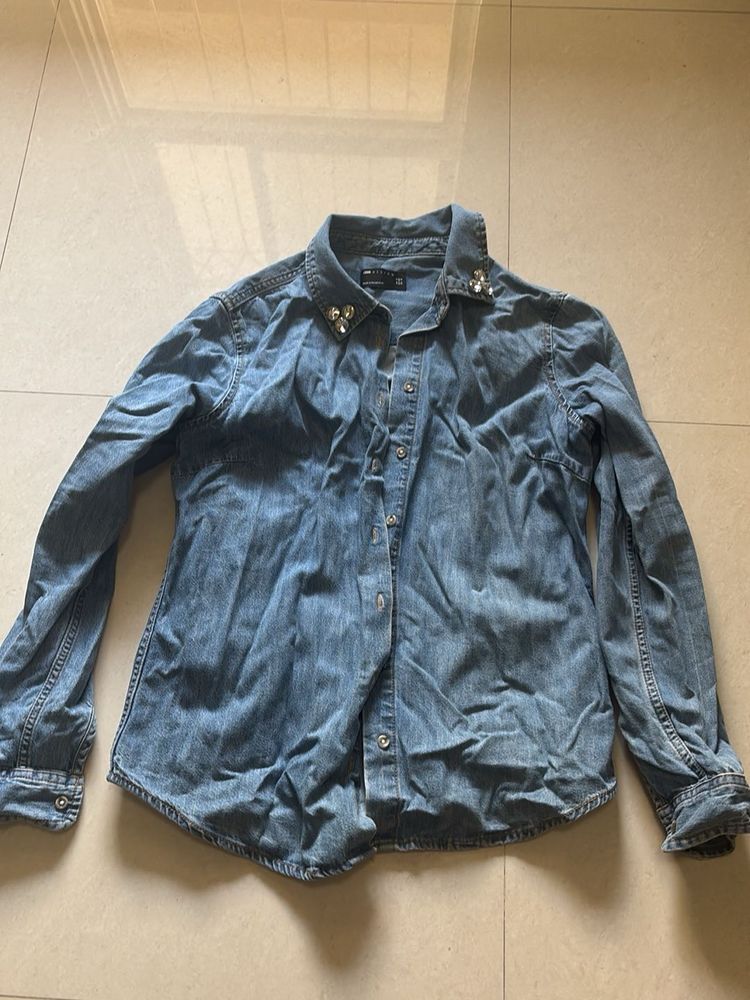 Denim Shirt with Embellished Collar