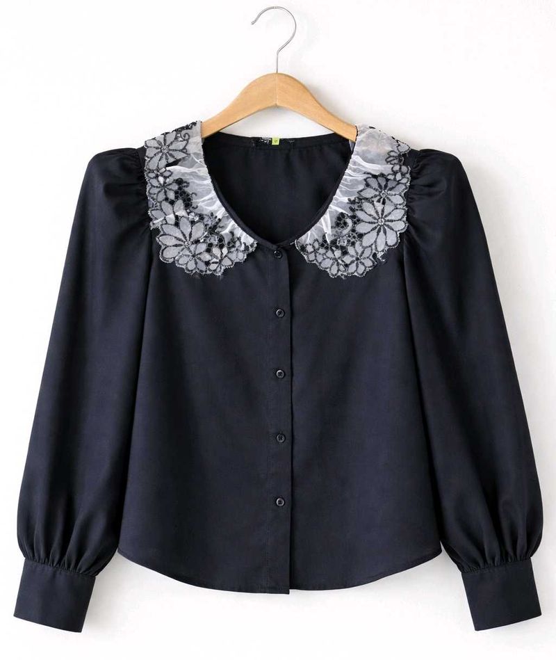 Casual Cuffed Sleeves Solid Women Black Top