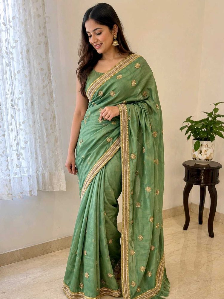 Embroidered Green Silk Saree