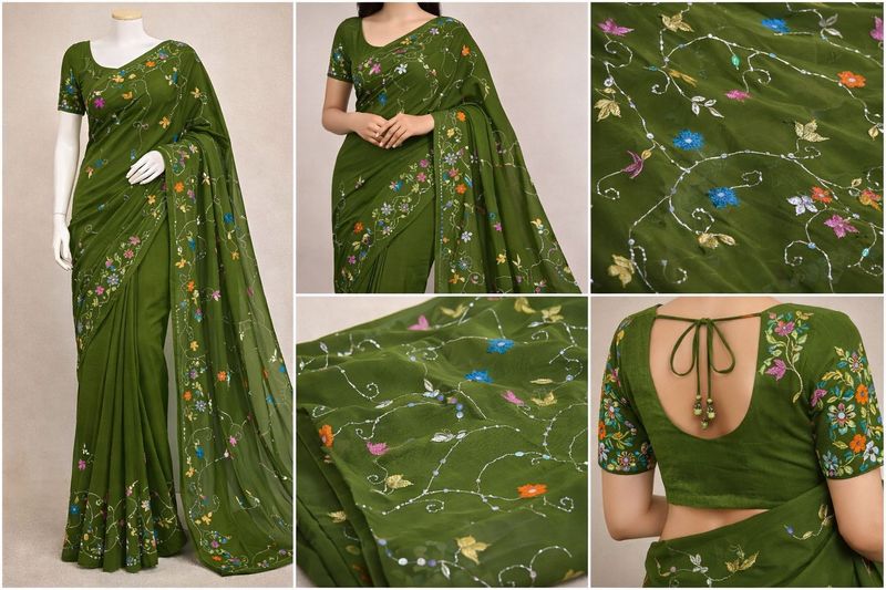 Olive Green Embroidered Saree with Floral Work