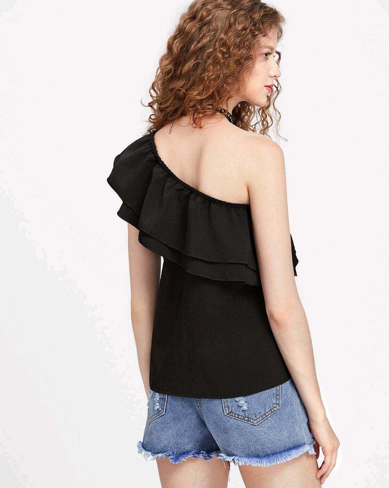 Lowest Prices_Chic Black One-Shoulder Ruffle Top