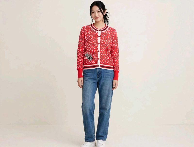 Chic Red Cardigan with Floral Print