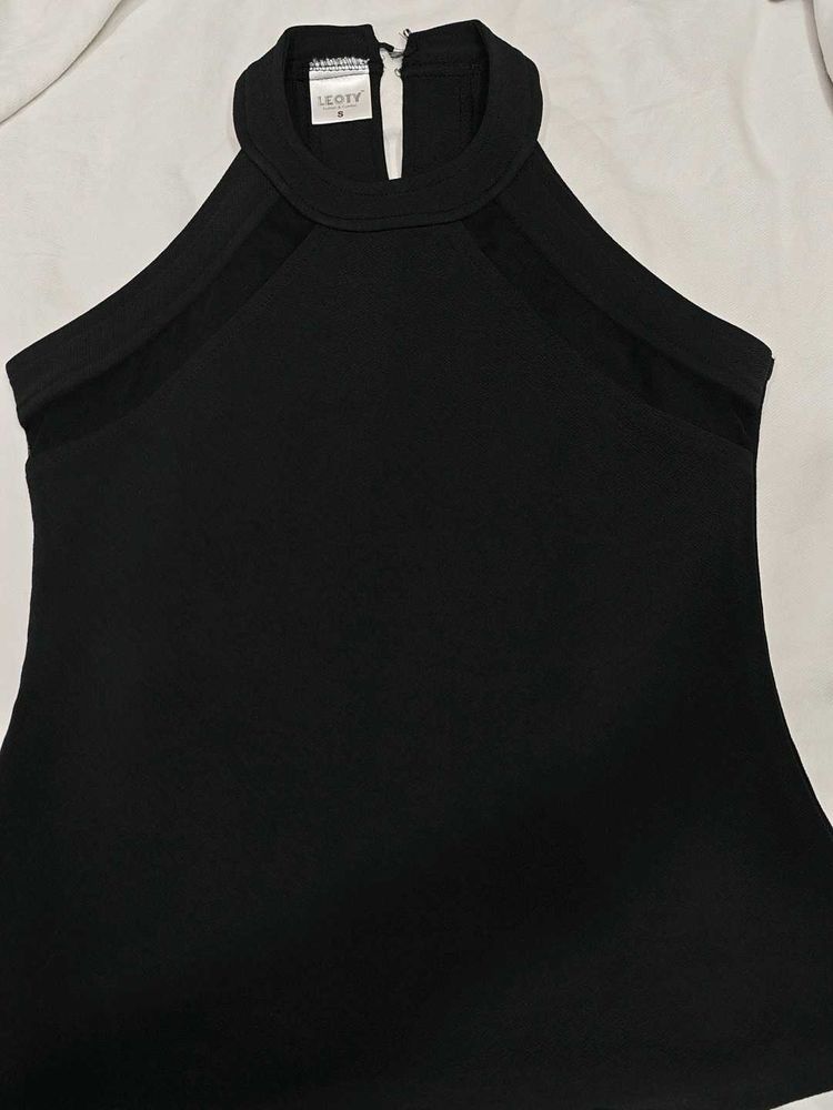 Sleek Black Halter Top with Mesh Accents