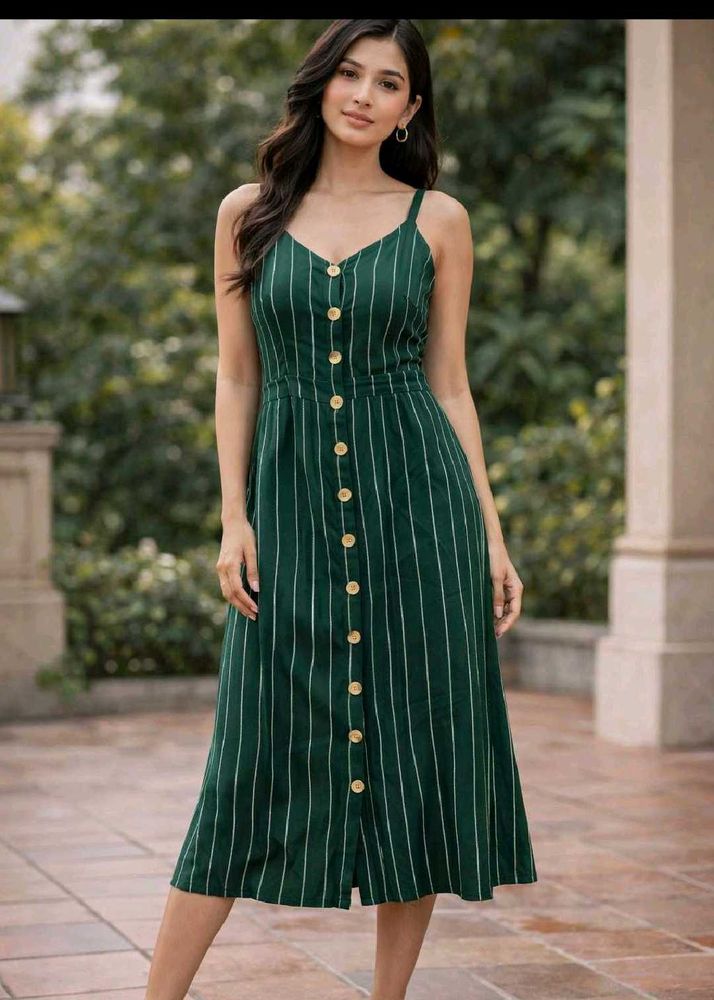 Green Striped Button-Down Midi Dress