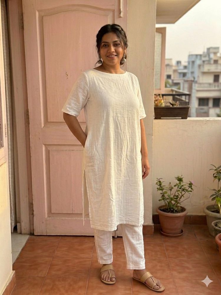 Comfortable White Cotton Kurta Set(plussize)