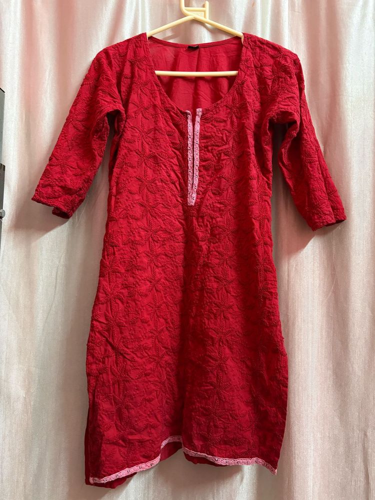 Red Embroidered Kurta