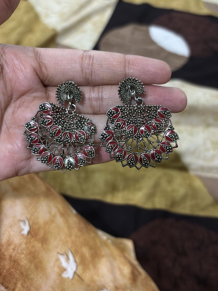 Red &amp; Silver Ethnic Earrings