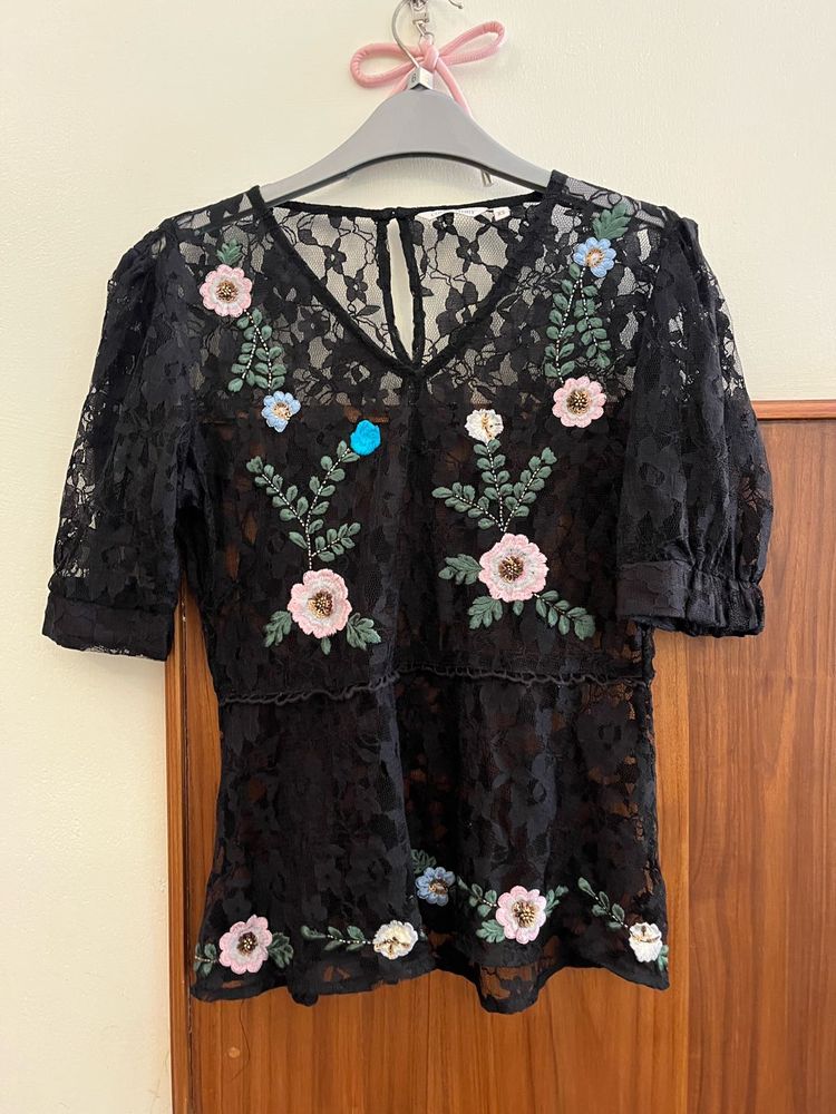 Black Lace Floral Embroidered Top