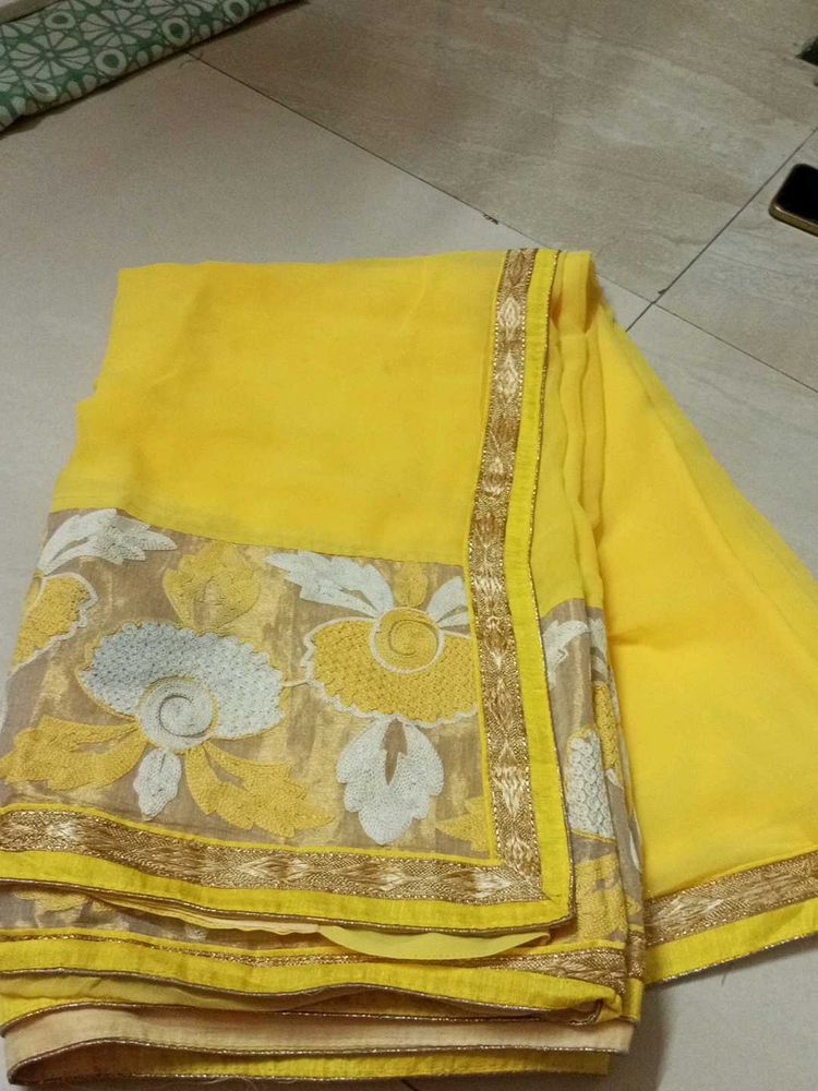Vibrant Yellow Embroidered Saree