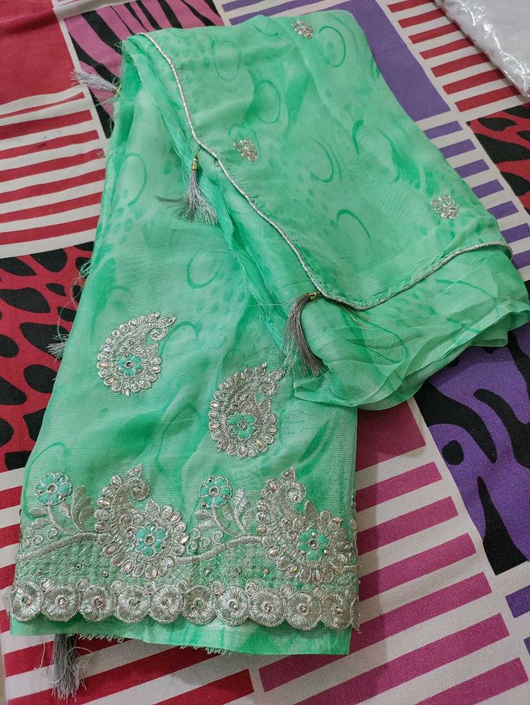 Sea Green Embellished Saree With Cut Work