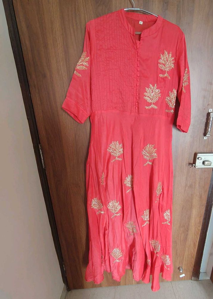 Coral Kurta with Gold Embroidery