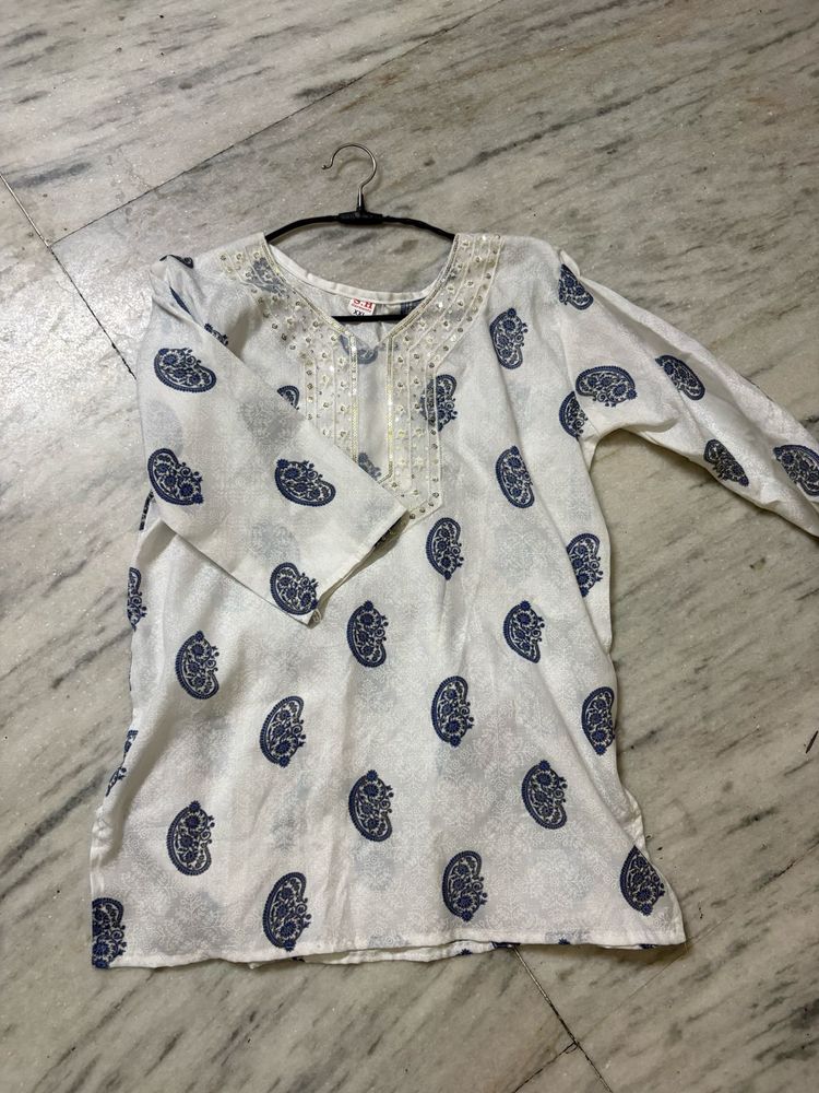 White Kurta with Blue Paisley Print