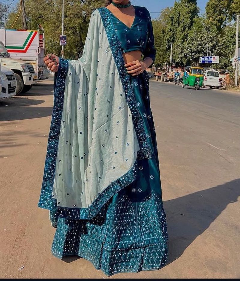 Teal Blue Embroidered Lehenga Choli Set