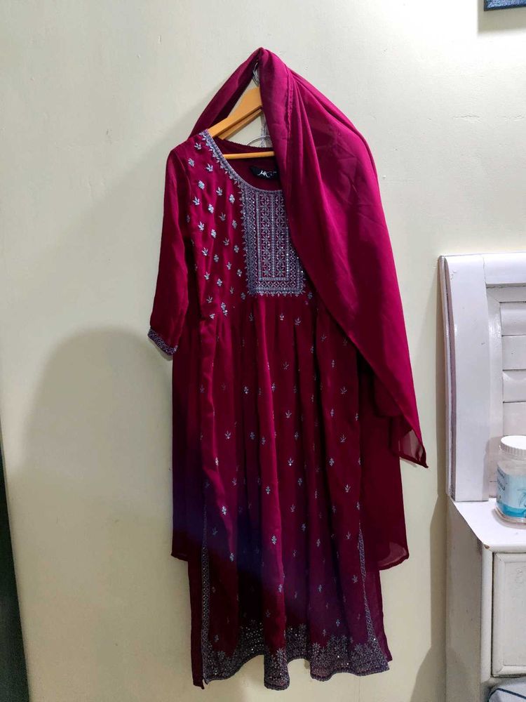 Elegant Maroon Embroidered Kurta with Dupatta
