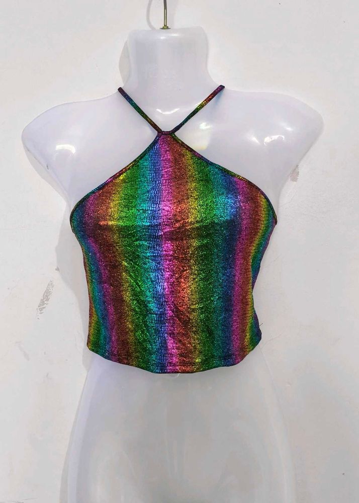 Sparkling Rainbow Halter Neck Crop Top