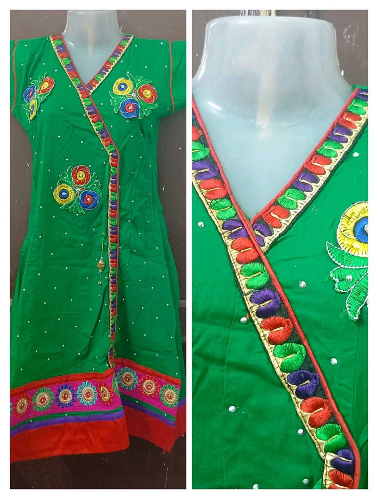 Green Embroidered Angrakha Style Kurta
