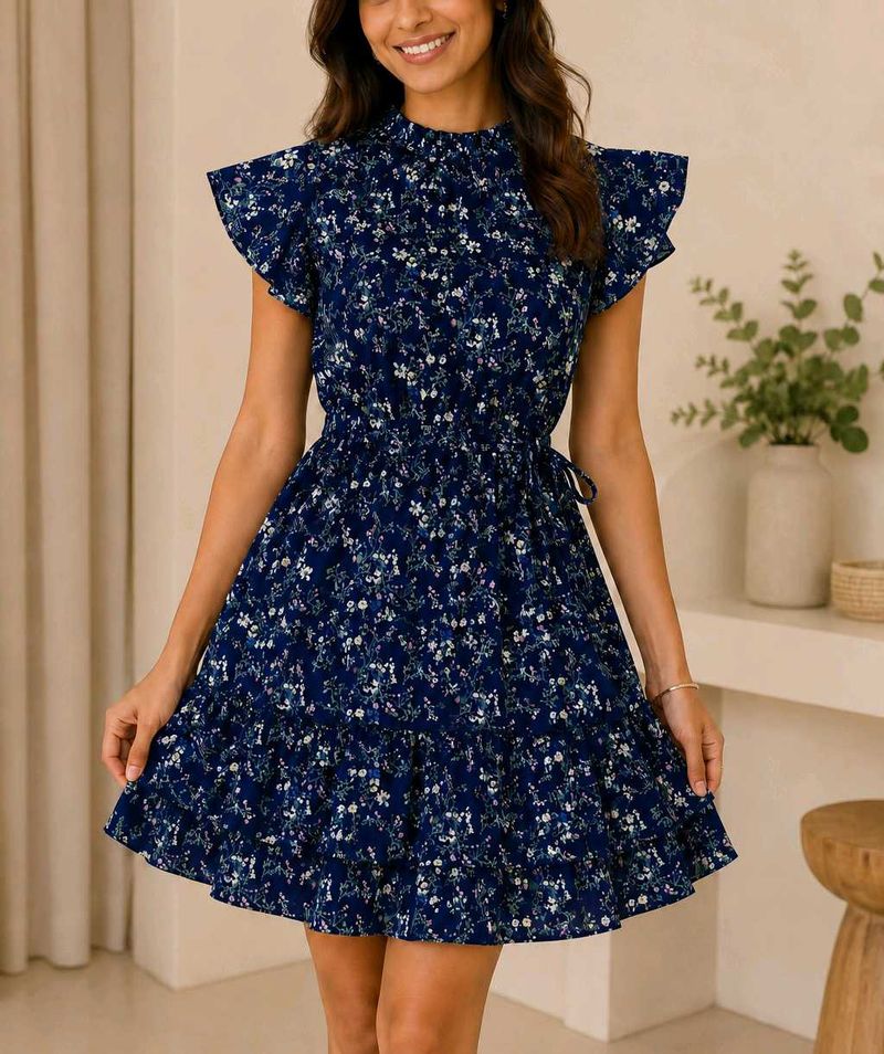 Navy Blue Ditsy Floral Flutter-Sleeve Dress