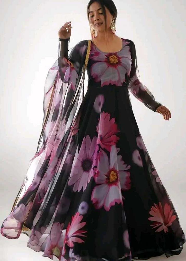 Floral Print Anarkali Suit organza fabric