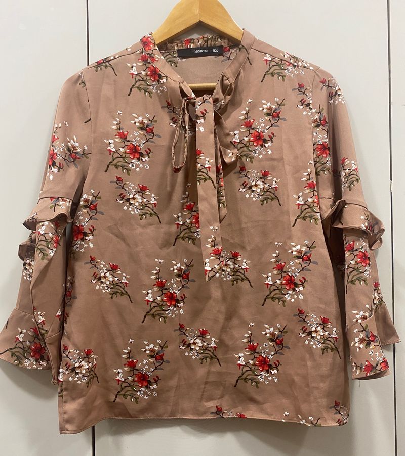 Madame Women Brown Floral Print Tie-Up Neck Top