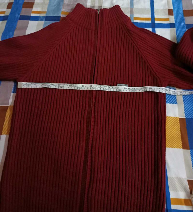 Men's Maroon Ribbed Zip-Up Sweater