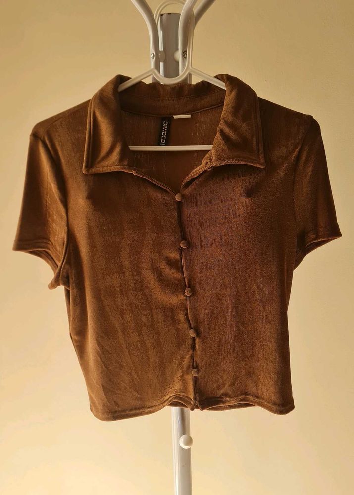 H&amp;M Brown Velour Collared Button-Up Top