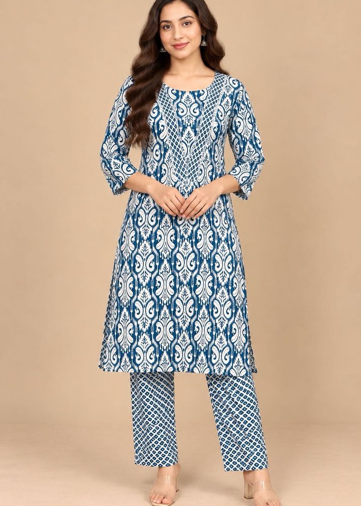 Blue &amp; White Ikat Print Kurta Set