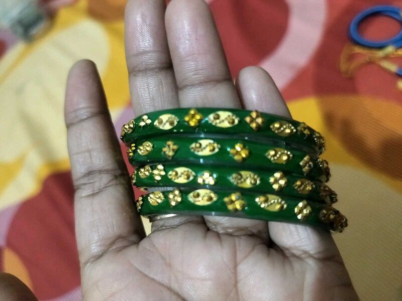 Set of 4 Green Bangles with Gold Embellishments