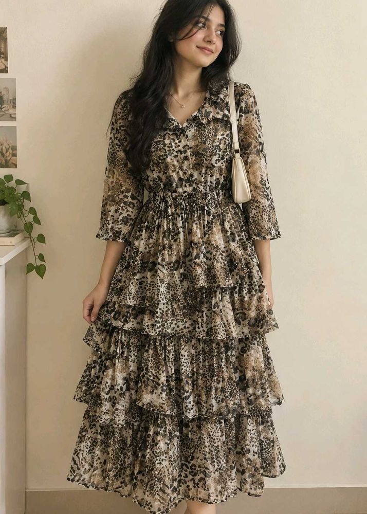 Tiered Leopard Print Midi Dress