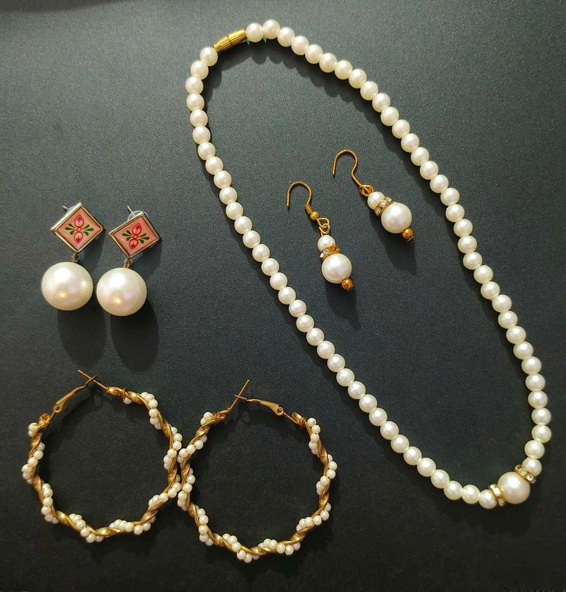 4-Piece Elegant Pearl Necklace &amp; Earrings Combo