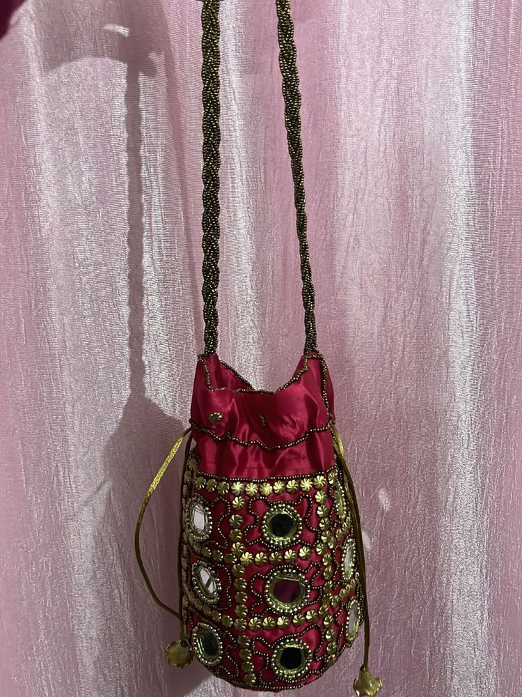 Magenta Pink  Beaded Potli Bag