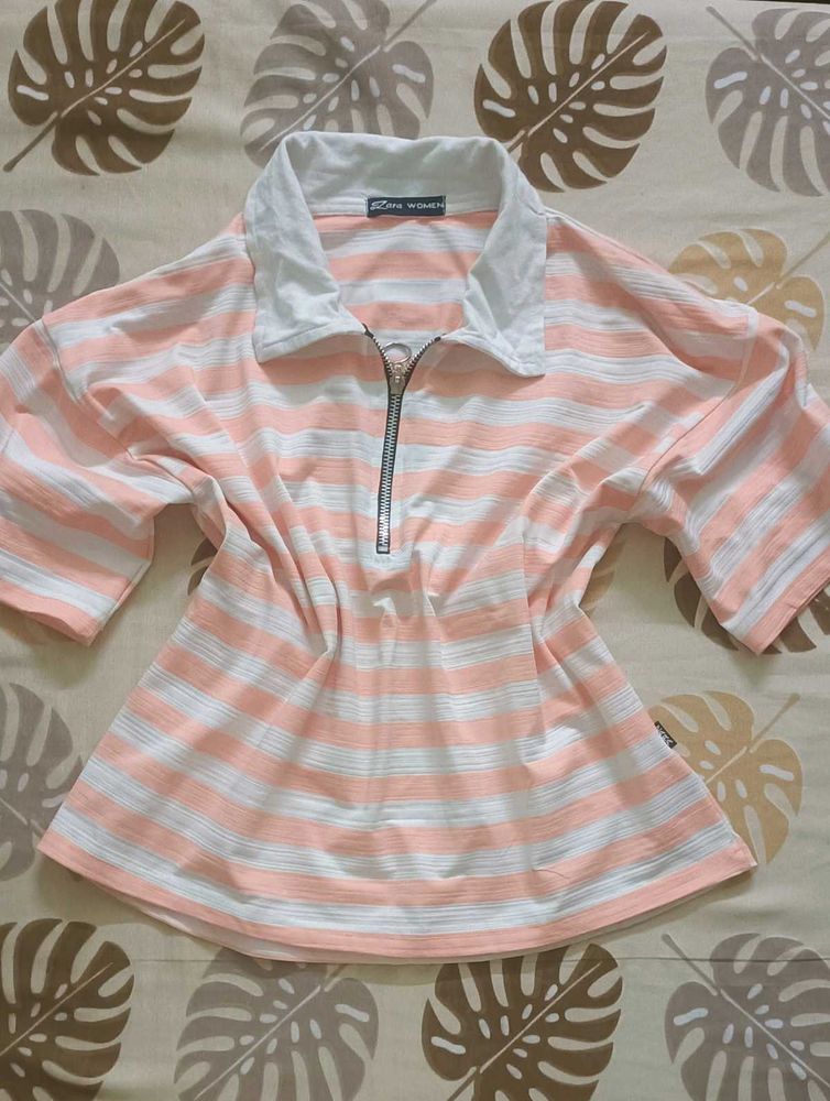 Zara peach &amp; white Striped Crop Top👕