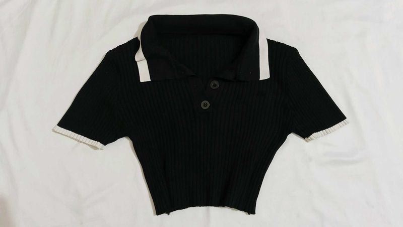 Black Cropped Polo Top