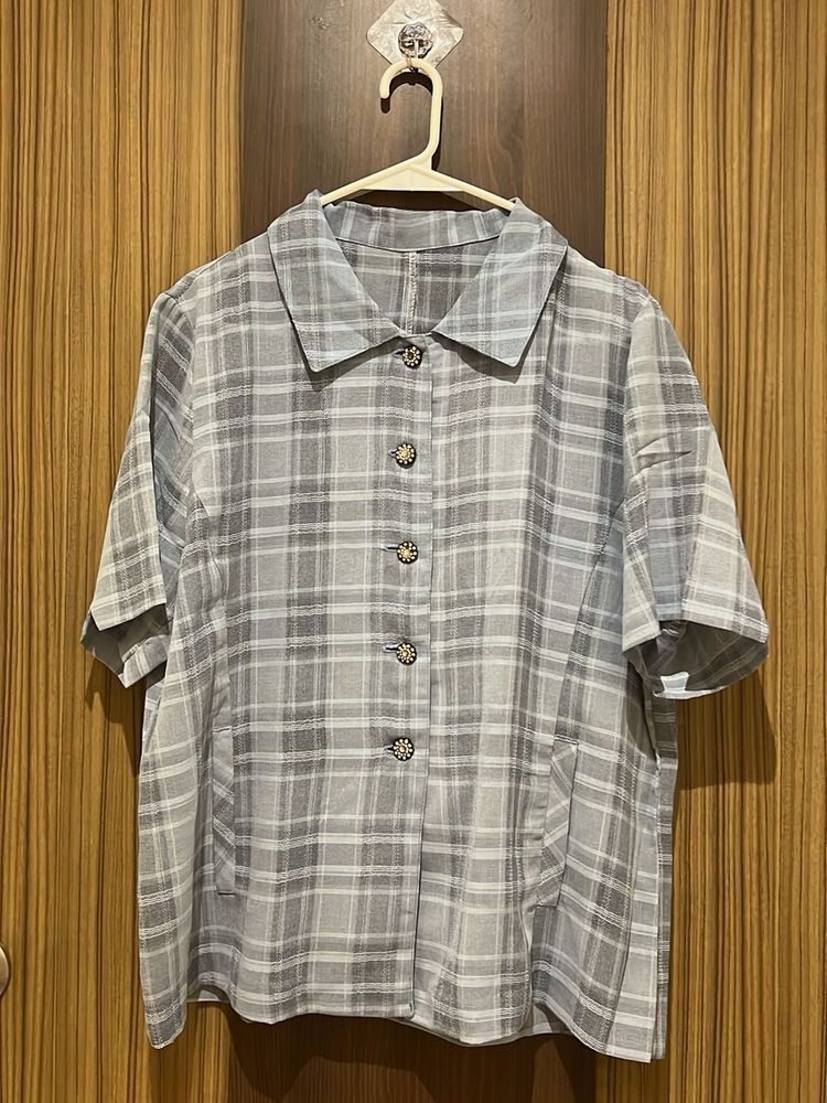 Grey Bluish Plaid Button-Down Shirt