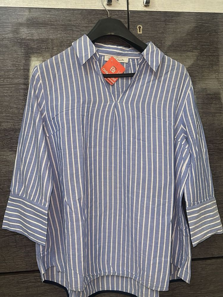 Blue &amp; White Striped Collared Top