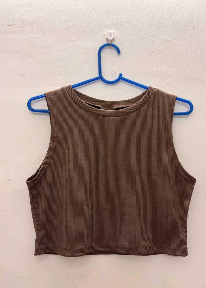 Brown Ribbed Crop Tank Top
