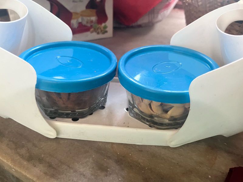 Set of 2 Glass Containers with Blue Lids