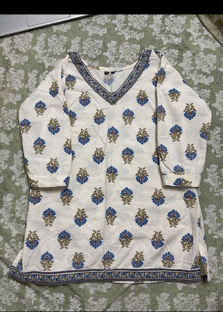 White Kurta with Blue Floral Print