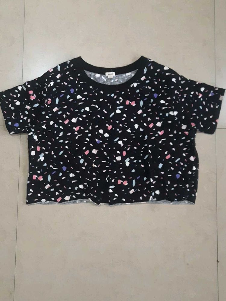 Black Terrazzo Print Cropped T-Shirt
