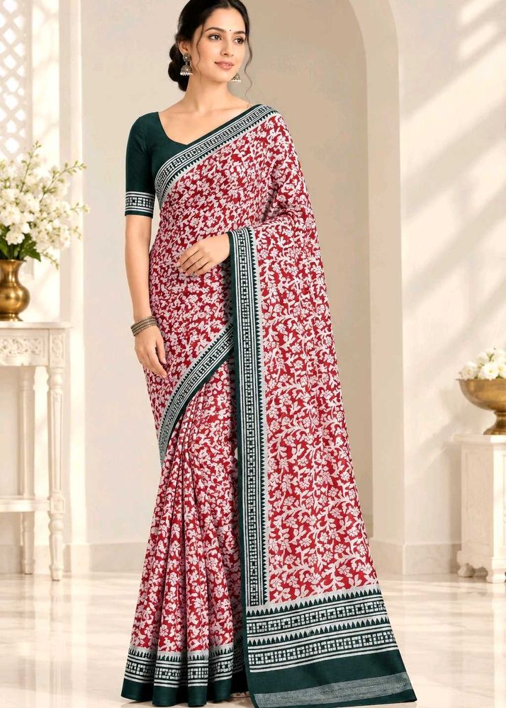 Red Floral Print Saree