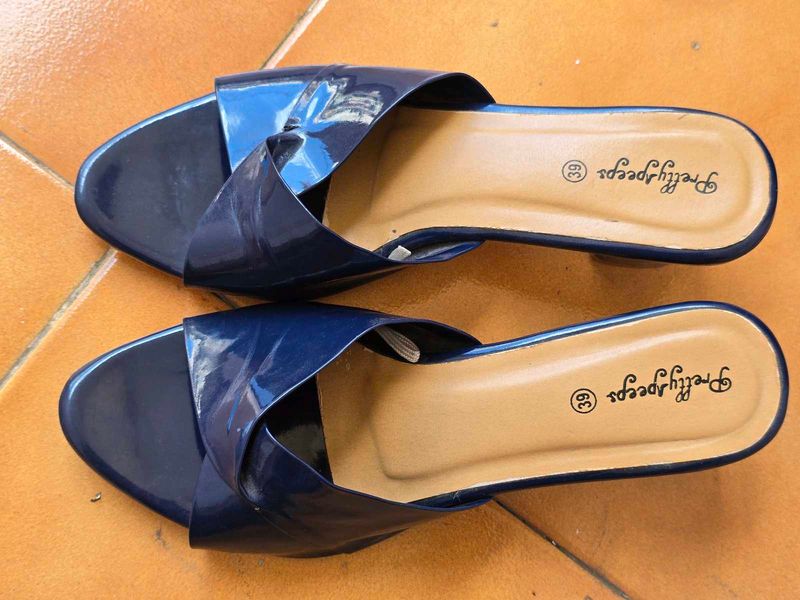 Navy Blue Block Heel Sandals | Size 39