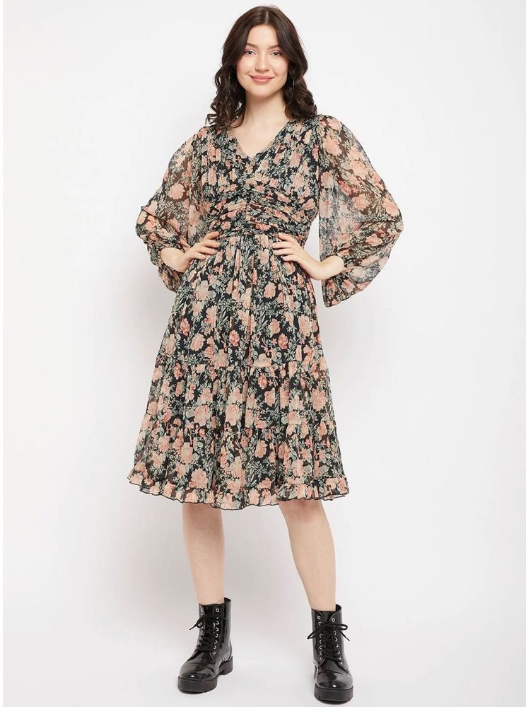 Floral Print Sheer V-Neck Midi Dress